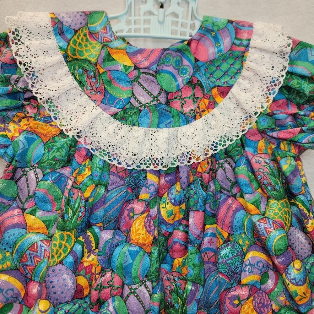 90s Easter Dress With Lace Collar Easter Eggs‎ Colorful Ruffles READ